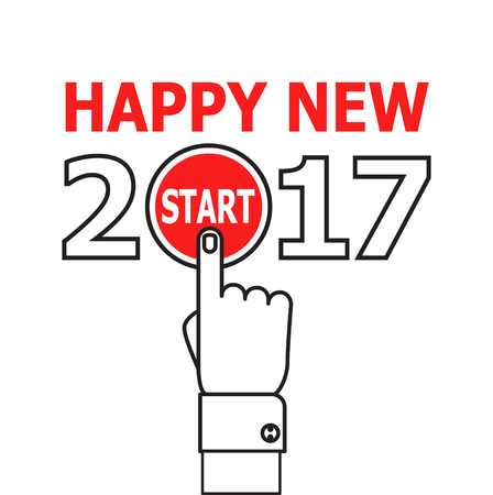 Happy new year conceptual greeting card, vector illustration on red background. 2017 happy new year. New year 2017 card design. Start new year 2017 idea. thin line icon.のイラスト素材