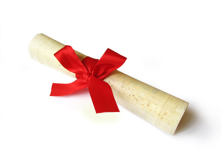 papyrus document with bow of red ribbon