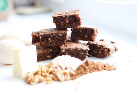 cocoa homemade brownies and ingredients, isolatedの写真素材