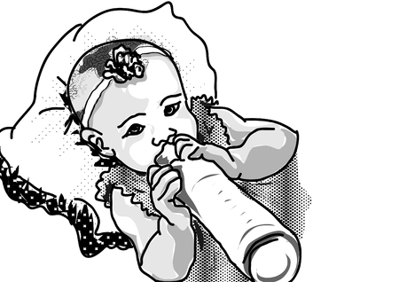 baby feeding from bottle in black and white line artの写真素材