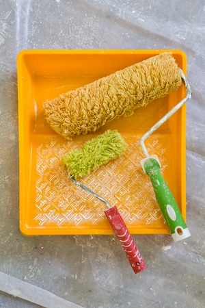 Tools for repair, paints, brushes, chalk mixing of colorsの写真素材