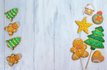 Christmas homemade gingerbread cookies on a white background. . Top view, copy spaceの写真素材