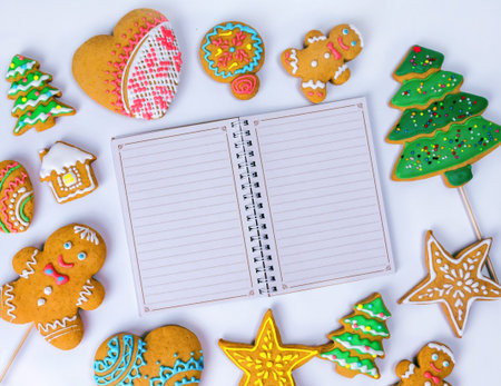 Christmas homemade gingerbread cookies on a white background. . Top view, copy space