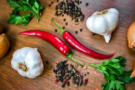 spices and seasonings, chili pepper, garlic, onion, pepper, pepper mixの写真素材