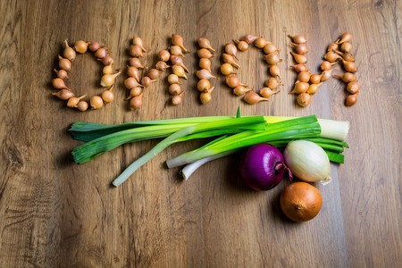onion, the word onion is written in small bulbs. top view, place for the textの写真素材