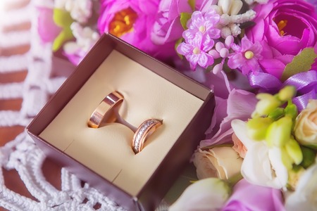 Wedding rings. Wedding symbols, attributes. Holiday, celebration. Macro.の写真素材