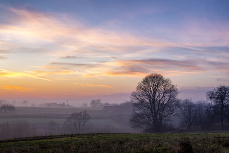 sunset in the field. beautiful autumn foggy landscape in Ukraineの写真素材