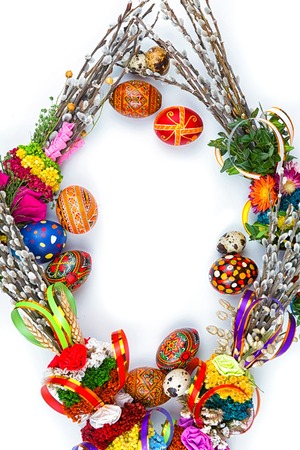 willow Sunday background of willow branches, willow bouquets. Easter top view. place for textの写真素材