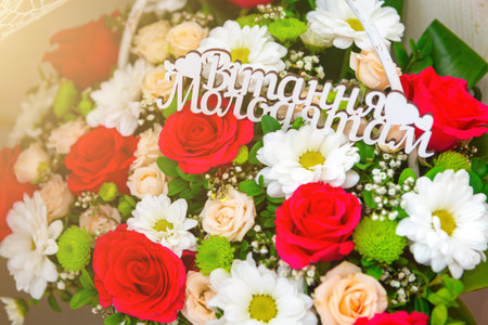 . a bouquet of beautiful flowers for a gift. greeting card.. Roses flowers and petals backgroundの写真素材