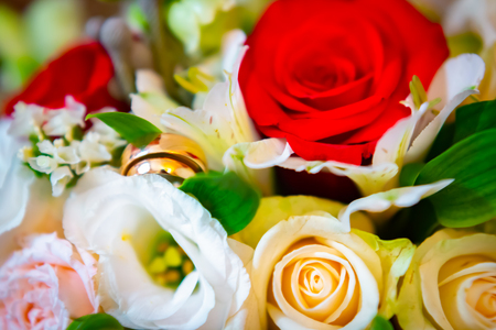 close-up of bridal bouquet of roses for wedding day. place for textの写真素材