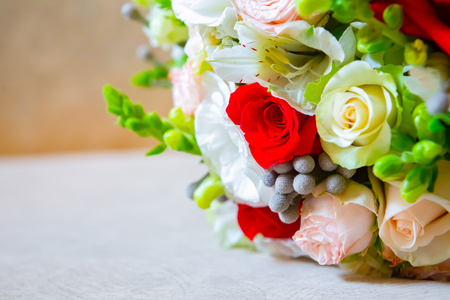 close-up of bridal bouquet of roses for wedding day. place for textの写真素材