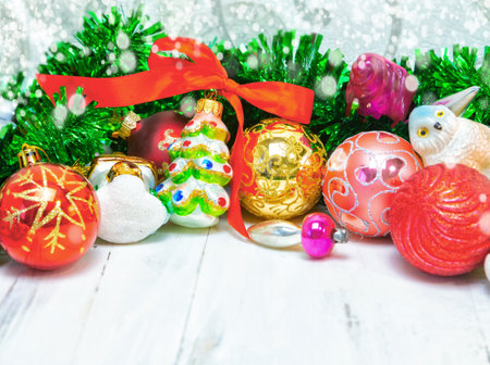 Christmas and New Year background. handmade Christmas glass toys in the snow, Christmas card. place for text.の写真素材