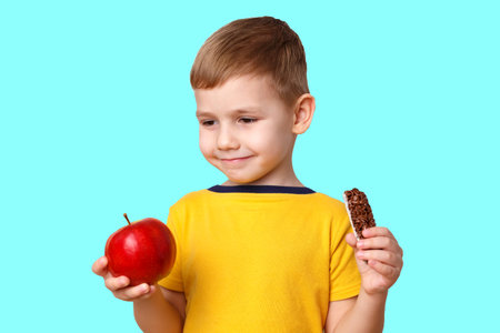 portrait of a little boy holding an apple and chocolate in his hands .