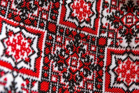 A close-up view of a beautifully crafted textile showcasing elaborate red and black embroidery patterns typical of Eastern European design.の写真素材