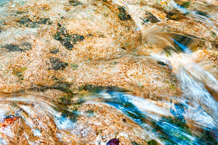 Clear Water Gently Flows Over Smooth Rocks in a Tranquil Stream Surrounded by Natureの写真素材