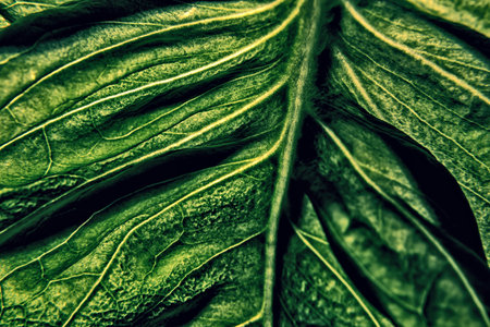 Detailed view of a green leaf reveals its complex vein structures and textured surface in natural...