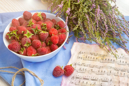 berries of a raspberry, breakfast, good morning, good mood, raspberry and notesの写真素材