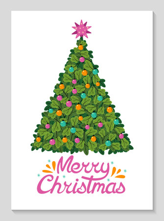 Merry Christmas lettering. Greeting card with Christmas tree with balloons and inscriptions. Elegant design for Xmas celebration. New Year poster design. Vector flat illustration.のイラスト素材