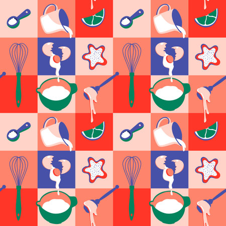 Culinary seamless pattern. Mosaic for kitchen with trendy bright colors. Food and kitchen tools vector illustration. Square pattern for your interior, cookbook or textile.のイラスト素材