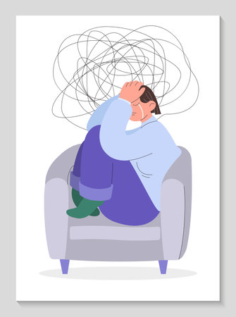 Mental problem poster. Girl is crying on chair. Mental health or disorder concept. Anxiety, depression, stress, headache. Dizziness, sad, anxious thoughts, emotional burnout. Vector flat illustration.のイラスト素材