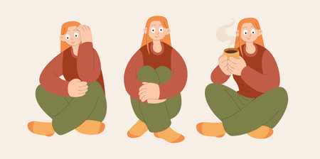 Set of Young women Sitting on Floor in Different Poses. illustrations of people in sitting poses. Girl drinks tea or coffee. Cozy home character. Cartoon Vector flat Illustration.のイラスト素材
