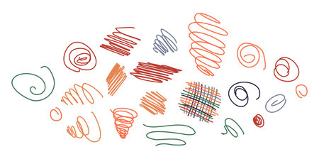 Set of children doodles on white background. Minimalist abstract nature art shapes collection. Colorful doodle bundle for fashion design, summer season, or natural concept. Modern hand-drawn, Big setのイラスト素材