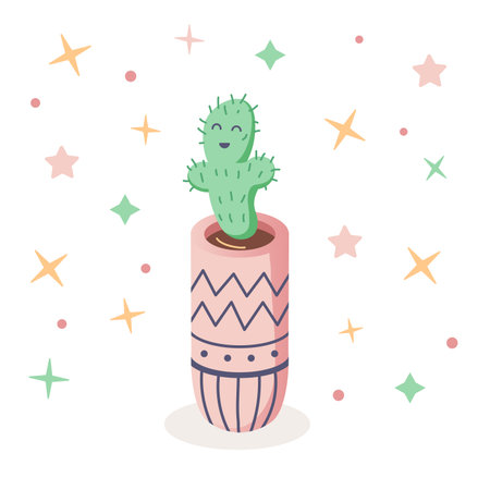 Joyful cactus in a pot. Cute card in kawaii style. Vector flat illustration.のイラスト素材