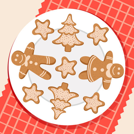 Plate with ginger cookies in the form of men, Christmas trees, stars. Christmas Ginger Cookies. Winter homemade cakes. Vector flat illustration.のイラスト素材