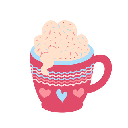 Cup of cappuccino with fluffy milk foam. Cute mug with hearts. Delicious drink for Valentines Day. Festive mug as gift. Flat vector illustration.のイラスト素材