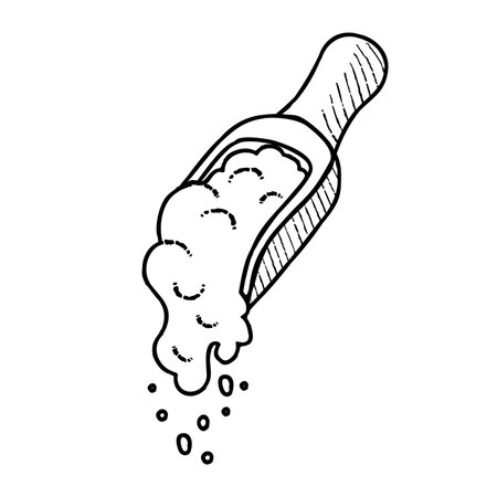 Line Wooden scoop with flour. Hand drawn monochrome illustration. Outline web cooking icon. Cooking Process vector illustration.のイラスト素材