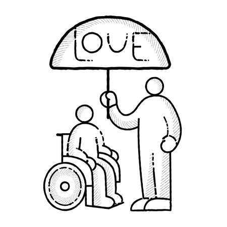 Happy Valentine day icon. Love Couple with partner with disabilities. Person with disability in romantic relationships. Young enamored people. Person in wheel chair icon. Vector outline illustrationのイラスト素材