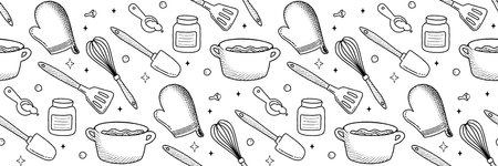 Kitchenware line Pattern. Food icons and elements. Bakery process Cookbook cute home menu. Seamless Pattern for background printing on wrapping paper, wallpaper or fabric. Icon vector illustration.のイラスト素材
