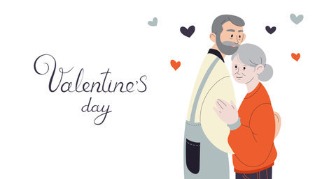 Happy Valentines day web banner. Old people in love hugging. Love of all ages. Festive lettering. Feelings of love and care. Festive bright postcard, congratulations, poster. Vector flat illustration.のイラスト素材
