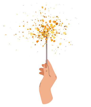 Hand holds sparkler. Happy New Year illustration. Bengal fire and woman hand. Christmas fireworks. Happy Birthday Party postcards, corporate identity, festive social post. Flat vector illustration.のイラスト素材