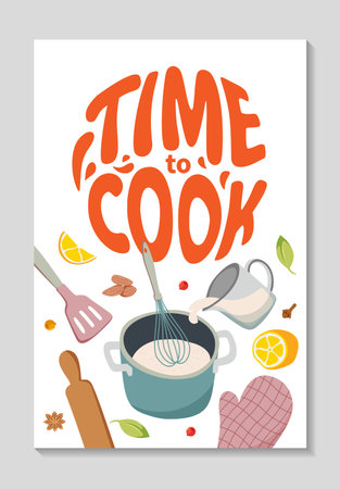 Time to cook vertical poster. lettering, Kitchen tools for cooking baking recipes. Minimalistic poster for your kitchen, cafe interior decor. Cute background for menu. Vector flat illustration.のイラスト素材