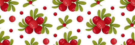 Red berry with green leaves seamless pattern. Green leaves and berries isolated on white background for wrapping paper, wallpaper, fabric. Vector cartoon illustration.のイラスト素材