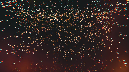 Christmas light background. Holiday glowing backdrop. Abstract unfocused gold particles on dark...