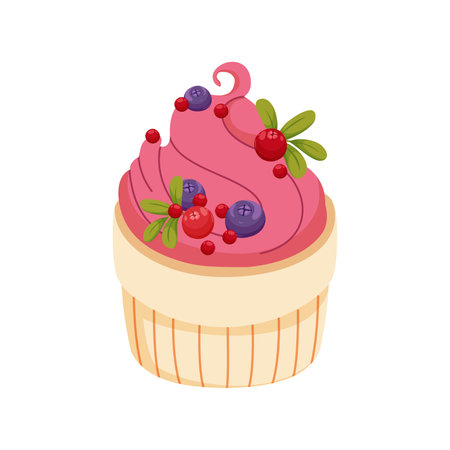 Berry festive cupcake decorated with berries. Dessert as gift to your loved one. Sweet pastries for recipe book. Christmas and Holiday sweet pie for banner, menu. Vector flat illustration.のイラスト素材