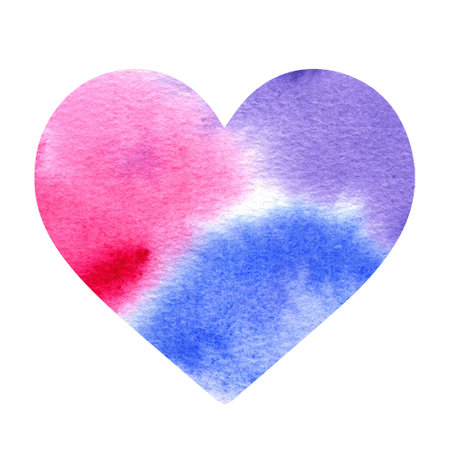 Tricolor Watercolor Heart isolated on white background. Happy Valentines Day Hand drawn lilac Abstract background. Illustration for greeting cards, decor, patterns, wallpaper, gift wrapping.の写真素材