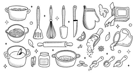 Kitchenware and Cook ingredients big icon set. Cookbook stickers, cute home menu. Cooking various meals set. Pots, loose ingredients, spoons and spatulas. Vector outline illustration.のイラスト素材