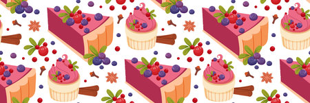Berry cheesecake and cupcakes seamless pattern. Fragrant wild berries background. Delicious Pastries for cookbook. Collection of tasty sweet desserts. For fabric, packaging. Vector flat illustration.のイラスト素材