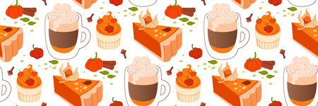 Autumn Pumpkin spice seamless pattern. Delicious winter pastries on white background. Autumn food and drinks. Collection of tasty sweet desserts. For fabric print wallpaper. Vector flat illustration.のイラスト素材