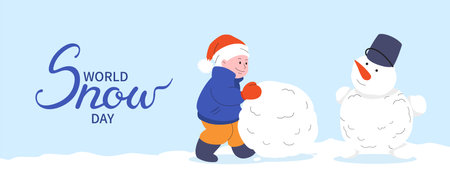 World Snow Day banner. Children make snowman. Handwritten description. Winter view background. Daily activities, city park time. Wintertime games and leisure. Hand drawn vector flat illustration.のイラスト素材