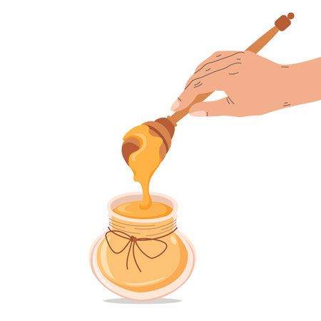 Hand holds spoon with honey. Honey in glass jar and dripping honey from wooden dipper.のイラスト素材
