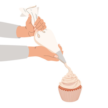 Decorating cake with cream. Pastry Bag icing. Recipe for handmade cupcake. Kitchen equipment utensilのイラスト素材