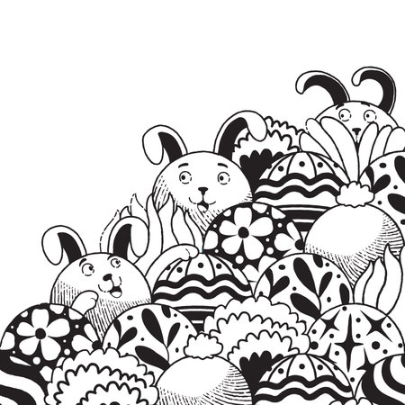 Easter pattern illustration with rabbit and graphic Easter eggs. Hand drawn doodle.のイラスト素材