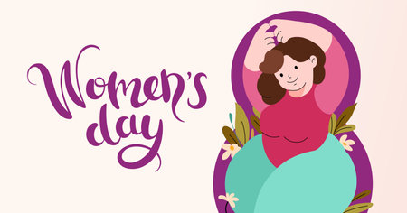 International Womens Day horizontal banner. Self care, body positive concept. Happy plus size girl.のイラスト素材