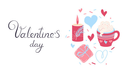 Happy Valentines day web banner. decorative elements of love. Festive lettering.のイラスト素材