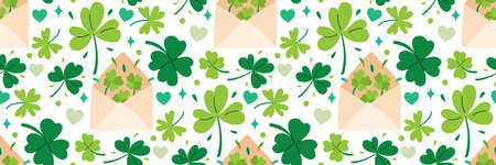 St. Patricks Day shamrock background. green clover and festive envelope seamless pattern.のイラスト素材