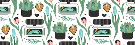 Seamless pattern with Perfumes and flowers. Hand natural Beauty icons Extract herbs aromatic therapyのイラスト素材